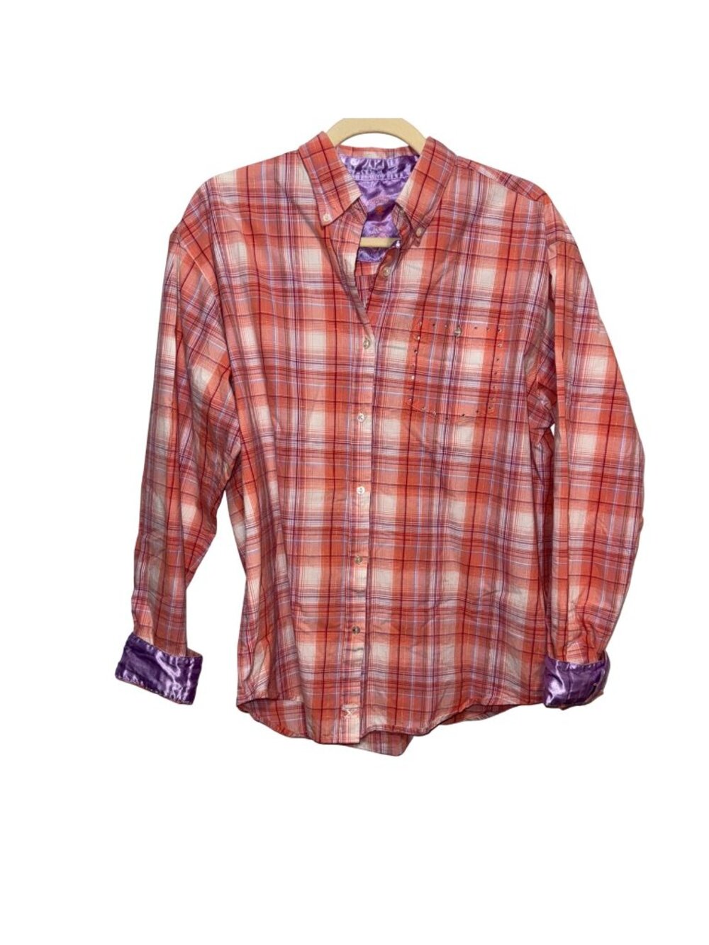 Classic Twenties Womens Plaid Button-Up Shirt Orange/Purple L 96% Cotton